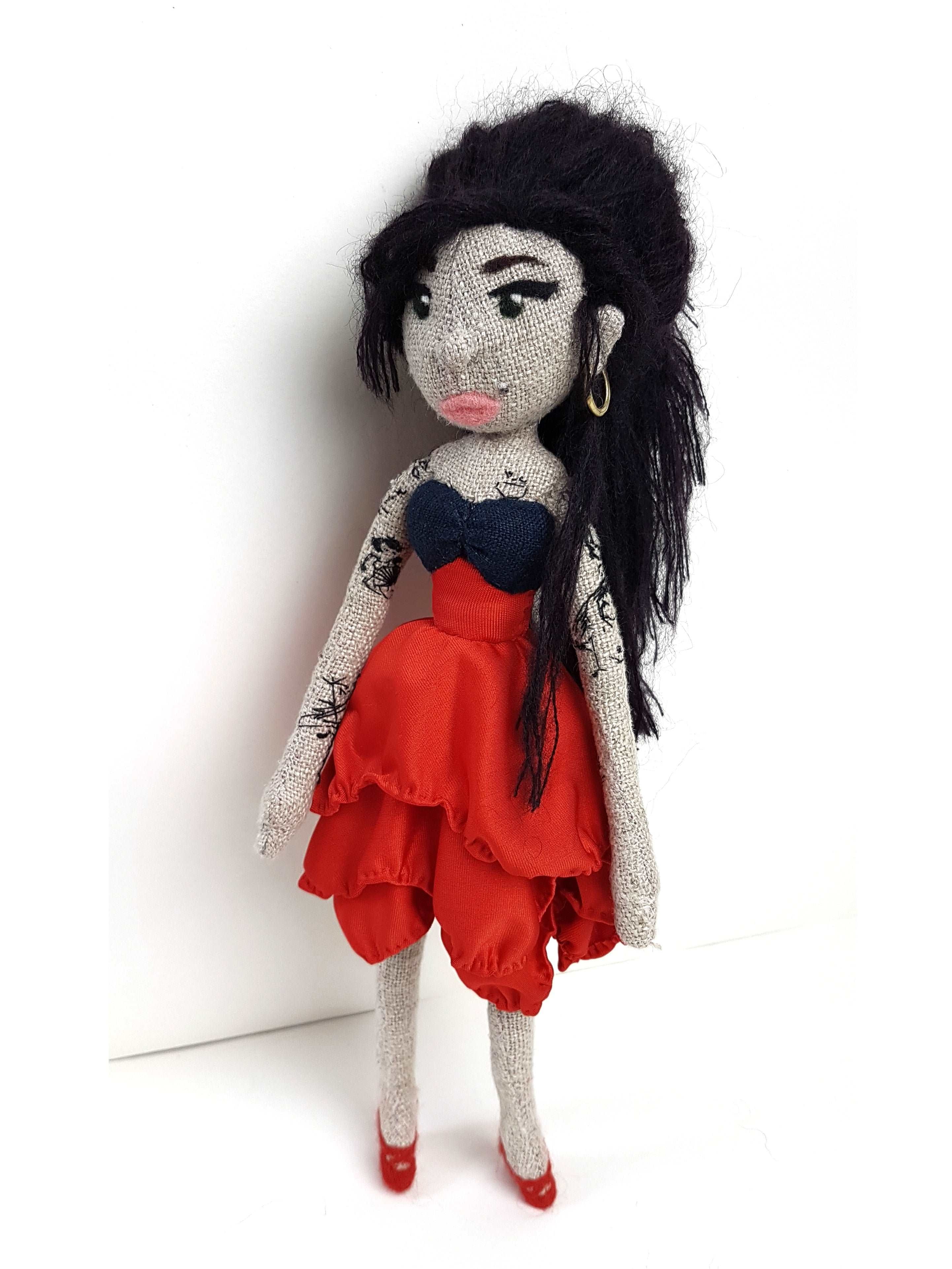 Amy Winehouse doll, Art doll, Fabric doll, Flower hair, Tattoos, Music, Icon, Female singer, Dress, Collectible, Back to black, hot Rehab, Gift