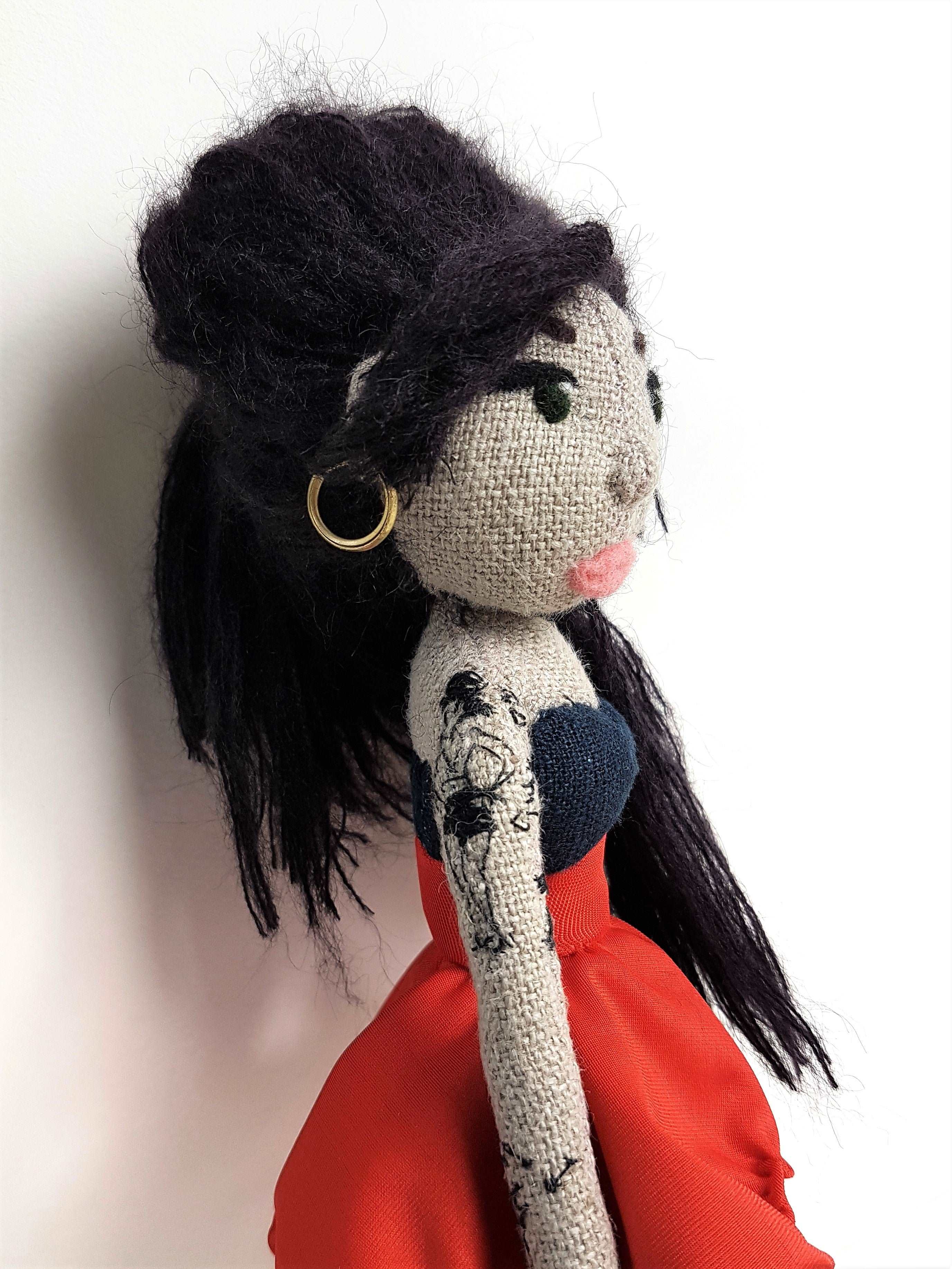 Amy Winehouse doll, Art doll, Fabric doll, Flower hair, Tattoos, Music, Icon, Female singer, Dress, Collectible, Back to black, hot Rehab, Gift